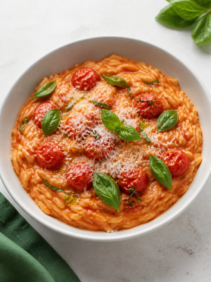 Creamy tomato orzo with basil and parmesan