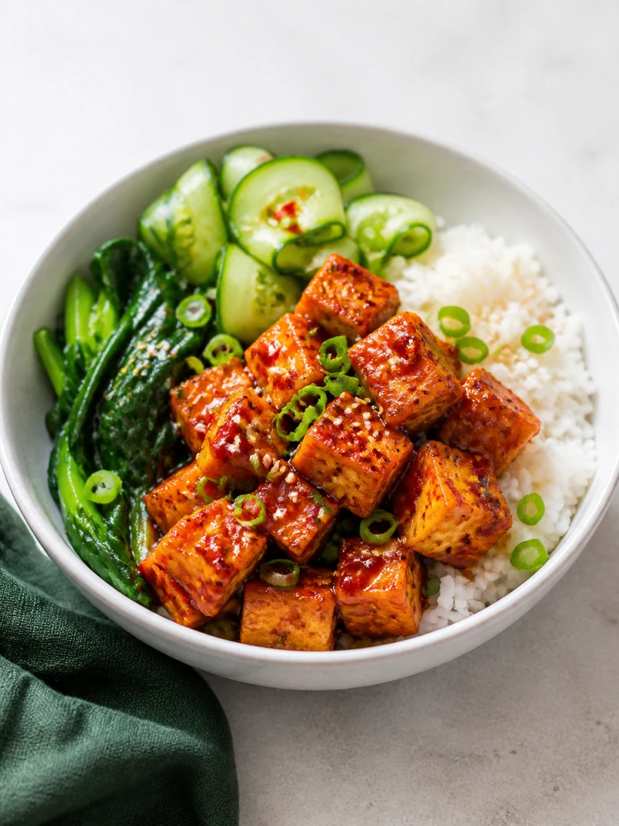 Crispy chilli tofu with rice and greens