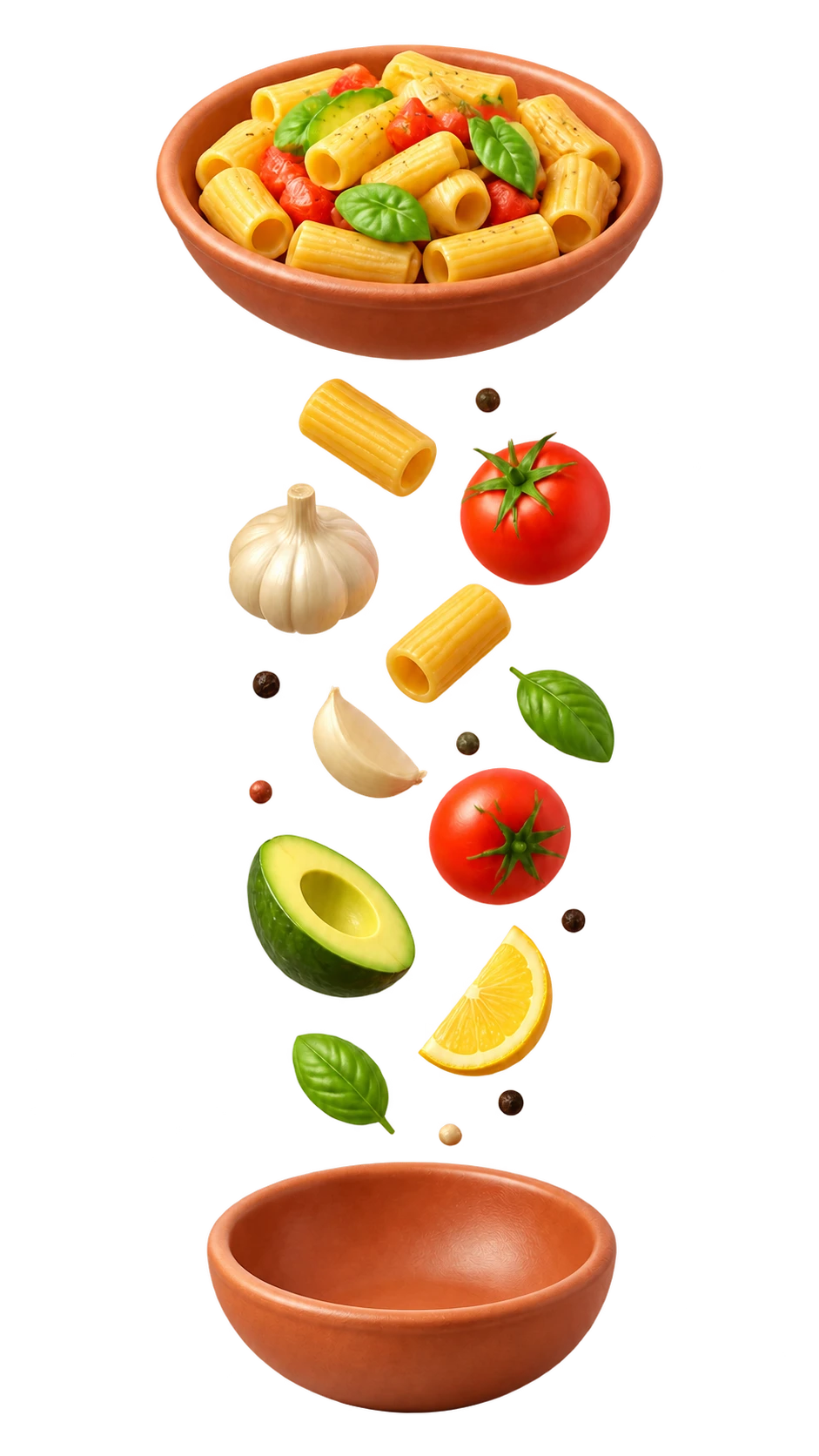 A pasta dish exploding into its separate ingredients